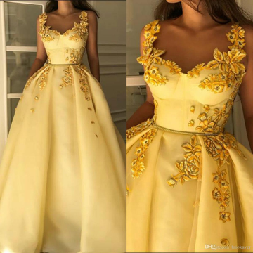 Yellow Prom Dresses A Line Spaghetti 3D Floral Flower Lace Evening Dress Fairy Formal Gowns Party Wear HZ1023